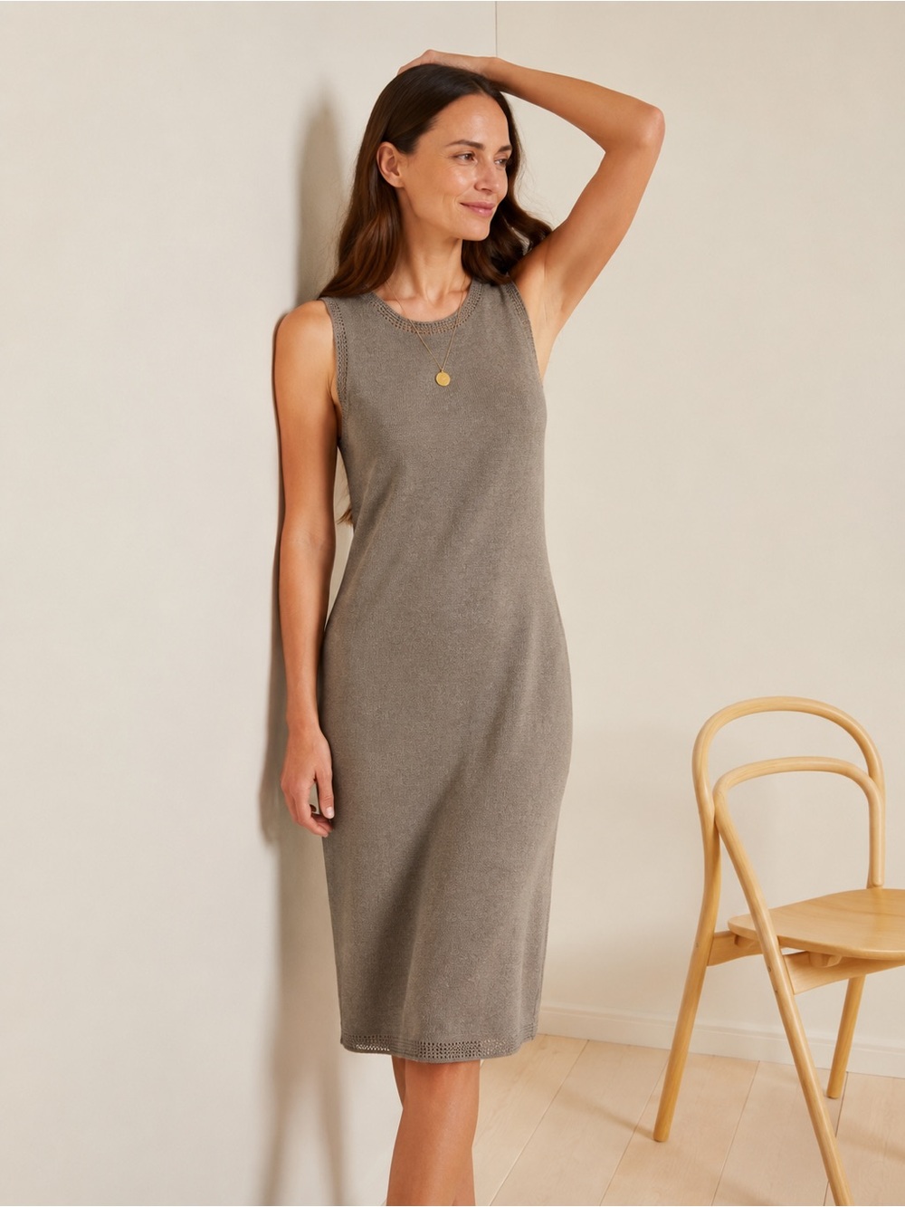 Garnet Hill Linen Tencel Knit Tank Dress Gray Sleeveless Mesh Trim Size Small